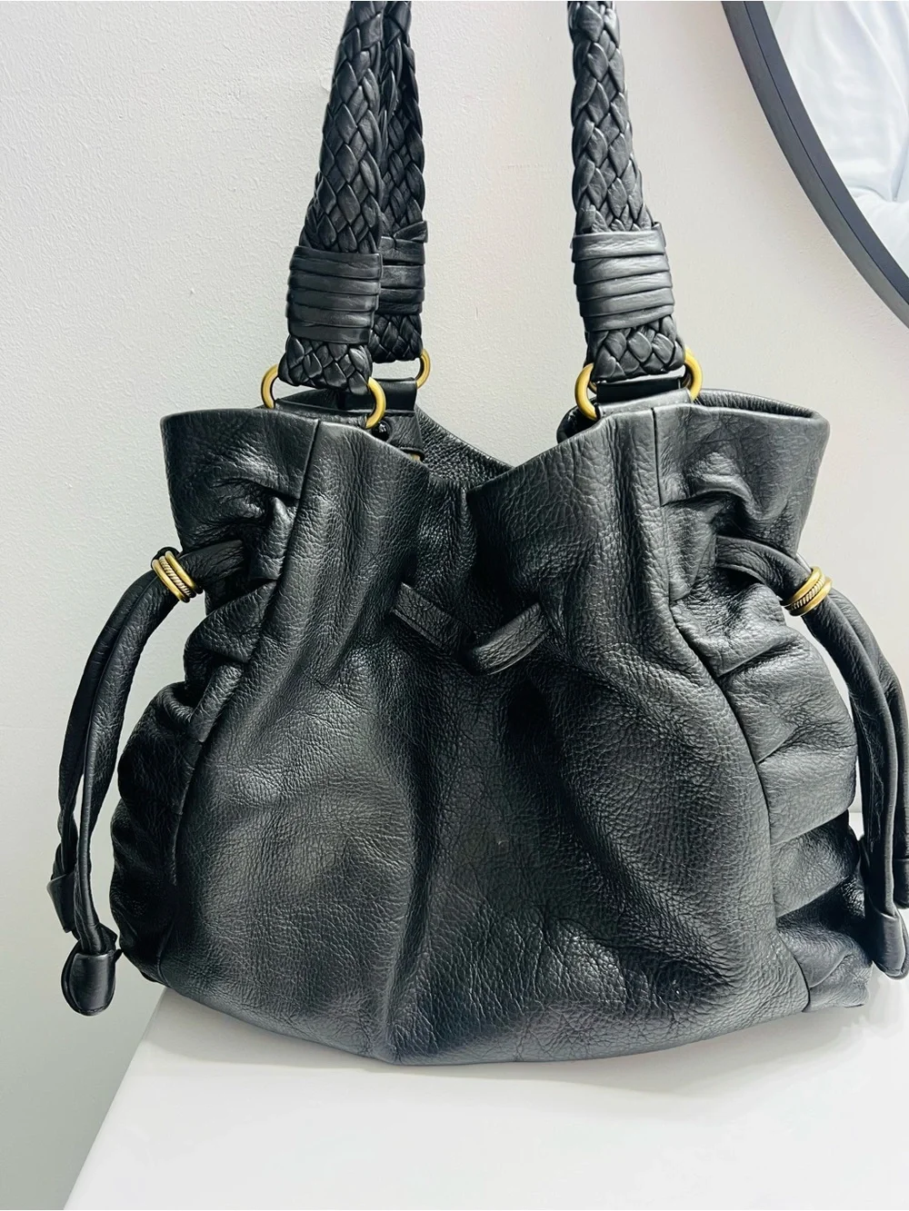 Elliott Lucca Black Pebbled Leather Braided-Handle Shoulder Bag
